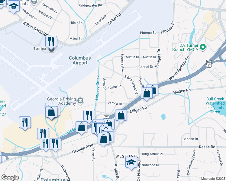 map of restaurants, bars, coffee shops, grocery stores, and more near 3704 Glenn Road in Columbus