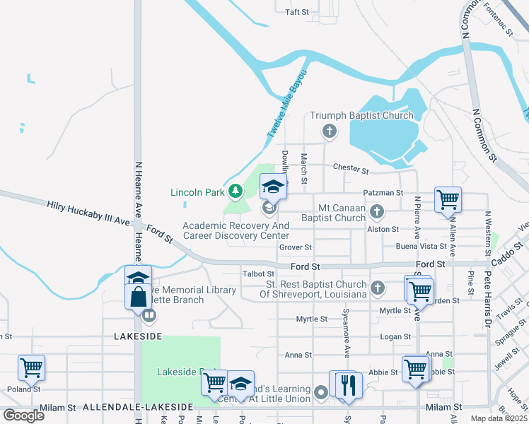 map of restaurants, bars, coffee shops, grocery stores, and more near 401 North Holtzman Avenue in Shreveport