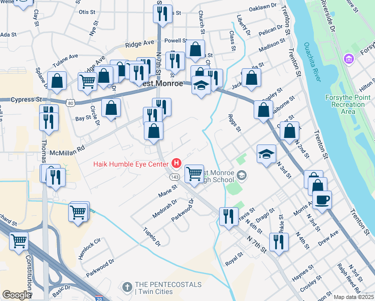map of restaurants, bars, coffee shops, grocery stores, and more near 109 Regency Place in West Monroe