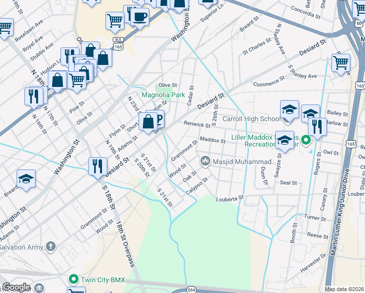 map of restaurants, bars, coffee shops, grocery stores, and more near 2407 Grammont Street in Monroe