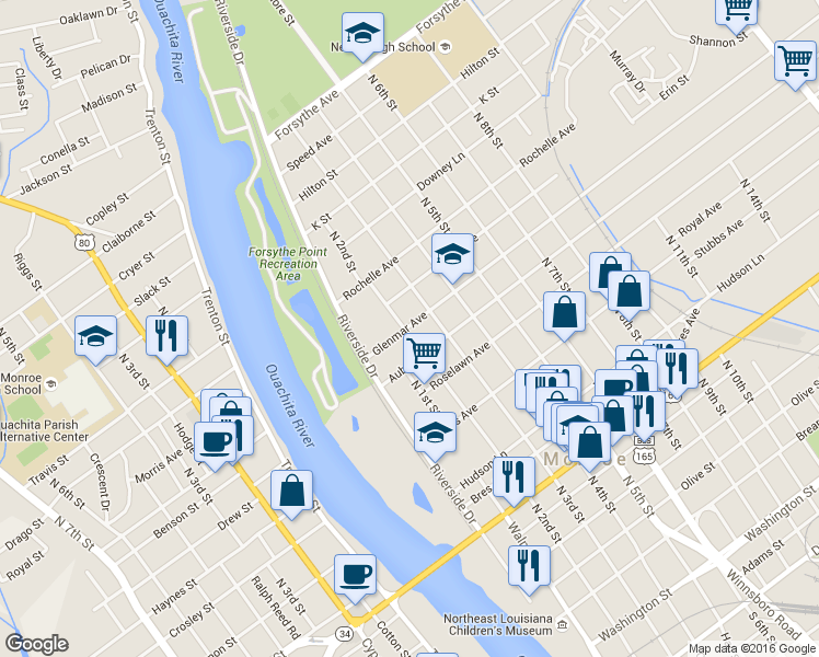 map of restaurants, bars, coffee shops, grocery stores, and more near 1315 North 3rd Street in Monroe