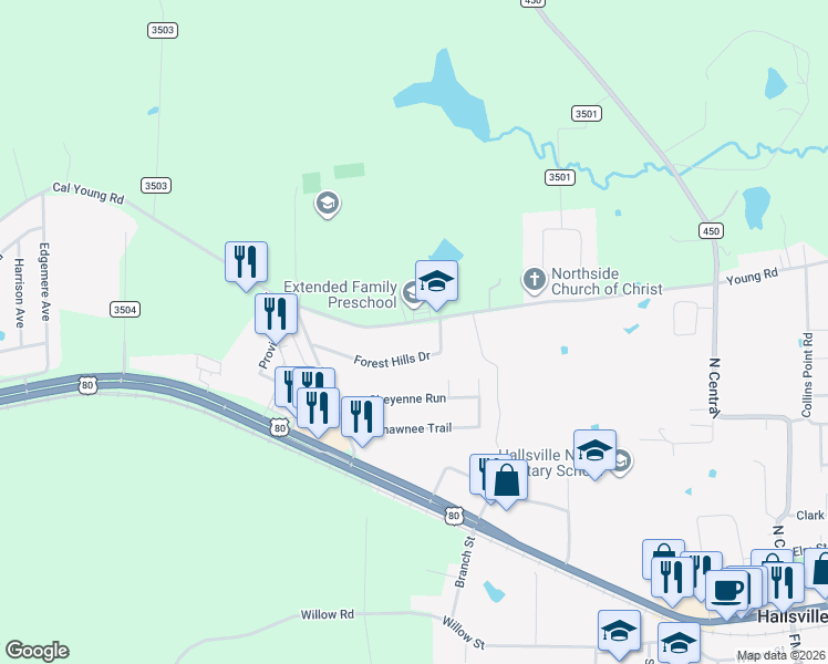 map of restaurants, bars, coffee shops, grocery stores, and more near 603 Cal Young Road in Hallsville