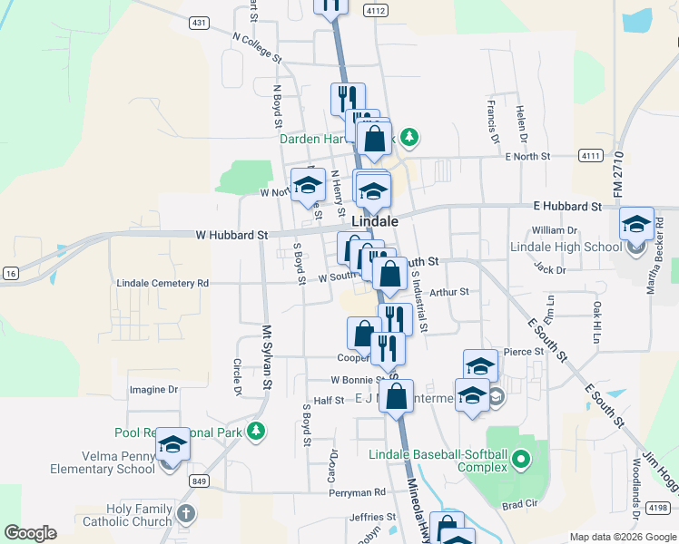 map of restaurants, bars, coffee shops, grocery stores, and more near 111 West South Street in Lindale