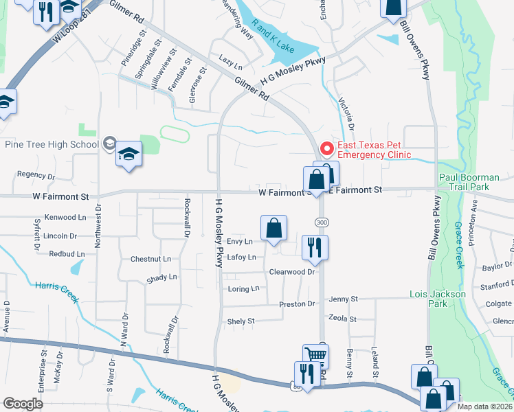 map of restaurants, bars, coffee shops, grocery stores, and more near 1448 West Fairmont Street in Longview