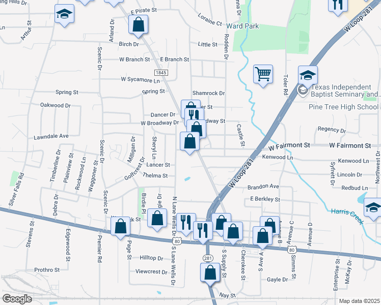 map of restaurants, bars, coffee shops, grocery stores, and more near 801 Pine Tree Road in Longview