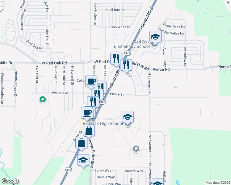 map of restaurants, bars, coffee shops, grocery stores, and more near 205 Pierce Road in Red Oak
