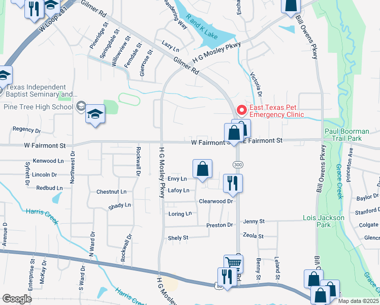 map of restaurants, bars, coffee shops, grocery stores, and more near 1448 West Fairmont Street in Longview