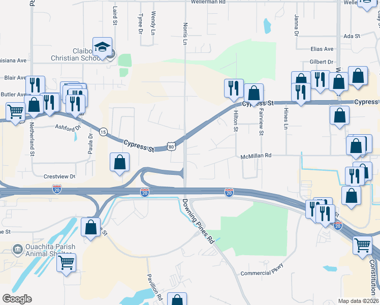 map of restaurants, bars, coffee shops, grocery stores, and more near 198 Newman Ln in West Monroe