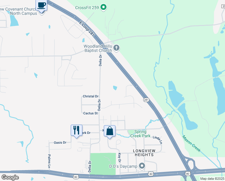 map of restaurants, bars, coffee shops, grocery stores, and more near 1008 Delia Drive in Longview