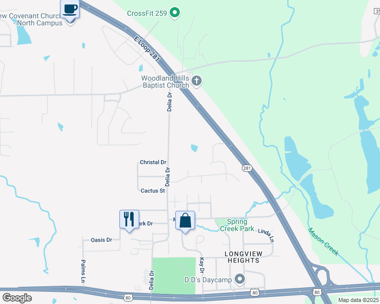 map of restaurants, bars, coffee shops, grocery stores, and more near 1008 Delia Drive in Longview