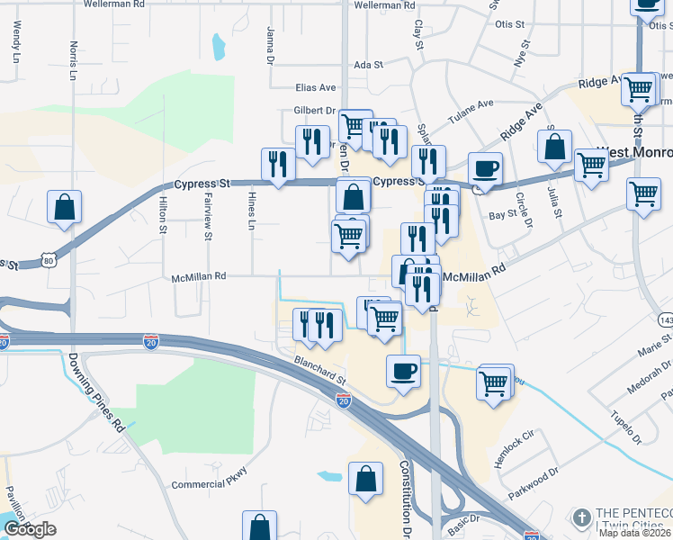 map of restaurants, bars, coffee shops, grocery stores, and more near 218 Bell Ln in West Monroe