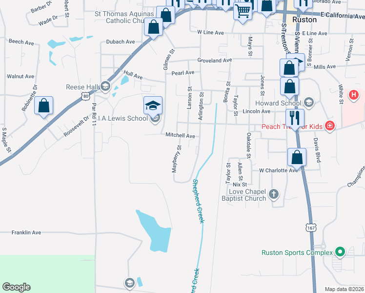 map of restaurants, bars, coffee shops, grocery stores, and more near 1400-1412 Mayberry Street in Ruston
