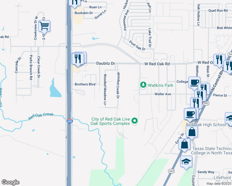 map of restaurants, bars, coffee shops, grocery stores, and more near 115 Wooded Creek Drive in Red Oak