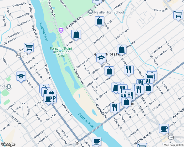 map of restaurants, bars, coffee shops, grocery stores, and more near 1315 North 3rd Street in Monroe