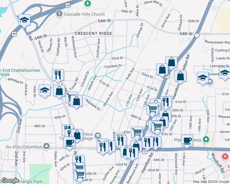 map of restaurants, bars, coffee shops, grocery stores, and more near in Columbus