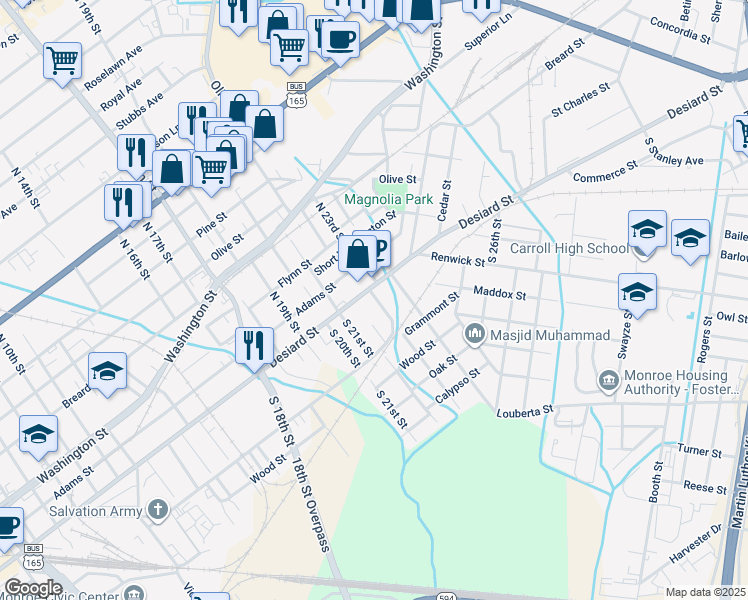 map of restaurants, bars, coffee shops, grocery stores, and more near 100 South 23rd Street in Monroe