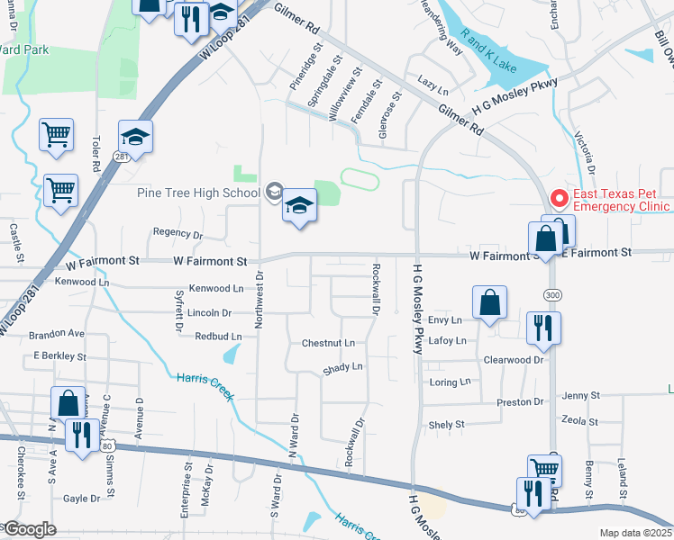 map of restaurants, bars, coffee shops, grocery stores, and more near 1201 Briarwood Lane in Longview