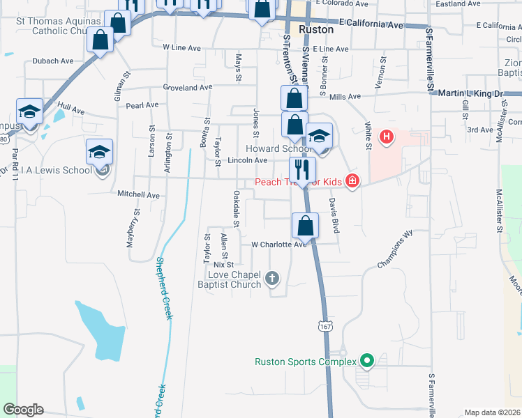 map of restaurants, bars, coffee shops, grocery stores, and more near 1404 McHenry Street in Ruston
