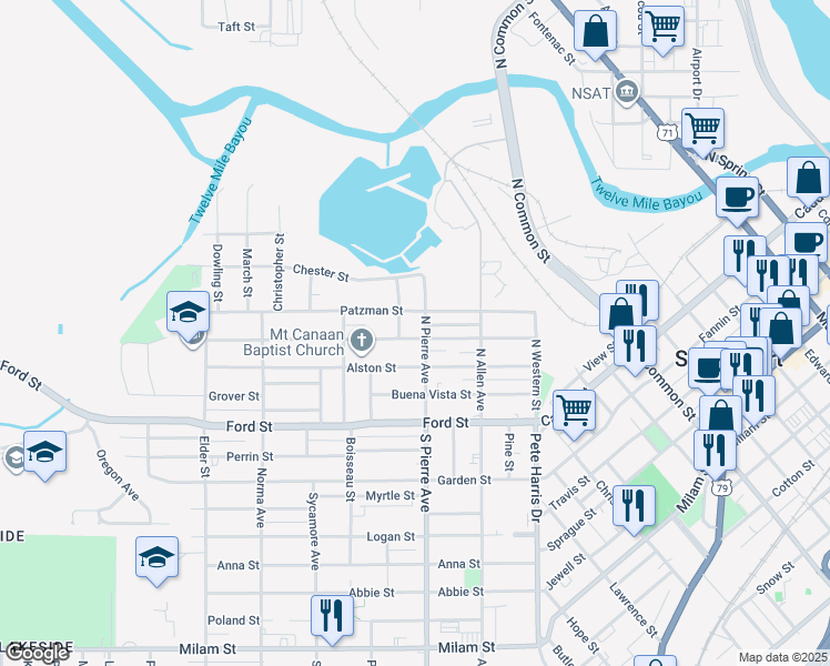 map of restaurants, bars, coffee shops, grocery stores, and more near 1606 Clay Street in Shreveport