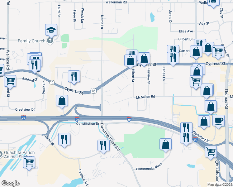 map of restaurants, bars, coffee shops, grocery stores, and more near 202 Racove Drive in West Monroe