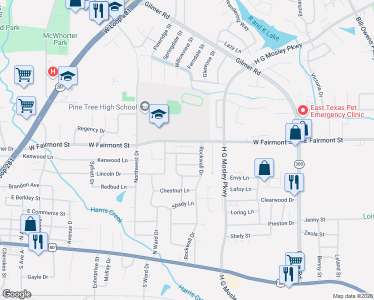 map of restaurants, bars, coffee shops, grocery stores, and more near 1201 Briarwood Lane in Longview