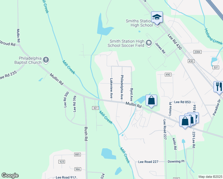 map of restaurants, bars, coffee shops, grocery stores, and more near Lakeview Avenue in Smiths Station