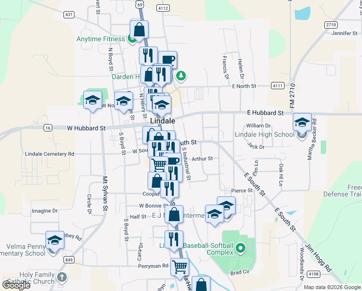 map of restaurants, bars, coffee shops, grocery stores, and more near 307 West South Street in Mineola
