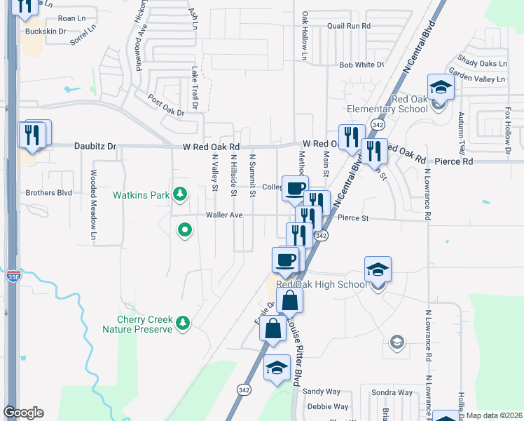 map of restaurants, bars, coffee shops, grocery stores, and more near 305 Waller Avenue in Red Oak