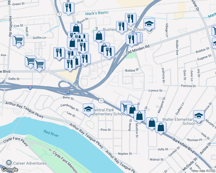 map of restaurants, bars, coffee shops, grocery stores, and more near 2201 Loreco Street in Bossier City