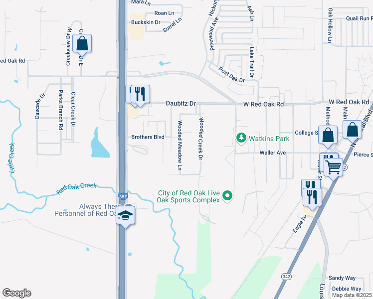 map of restaurants, bars, coffee shops, grocery stores, and more near 115 Wooded Creek Drive in Red Oak