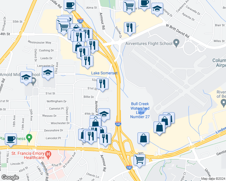map of restaurants, bars, coffee shops, grocery stores, and more near 5020 Armour Road in Columbus