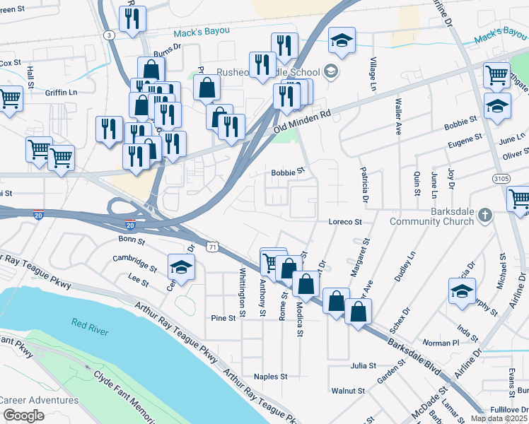 map of restaurants, bars, coffee shops, grocery stores, and more near 2201 Loreco Street in Bossier City