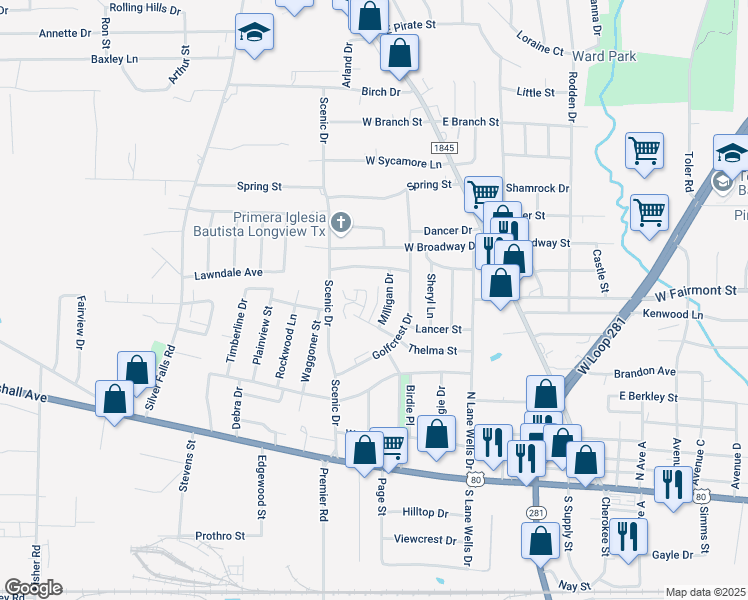 map of restaurants, bars, coffee shops, grocery stores, and more near 105 Thelma Ct in Longview