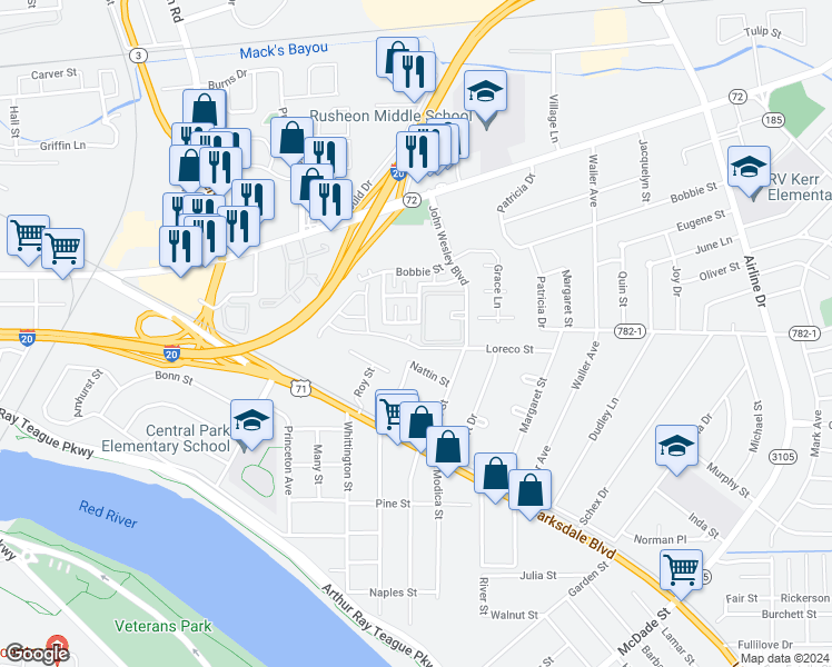 map of restaurants, bars, coffee shops, grocery stores, and more near 118 Carriage Square Drive in Bossier City