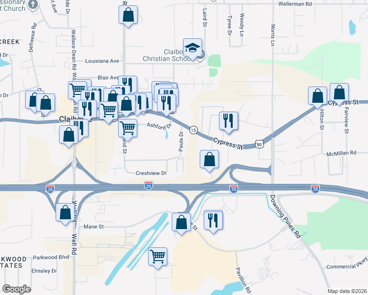 map of restaurants, bars, coffee shops, grocery stores, and more near 115 Paula Dr in West Monroe