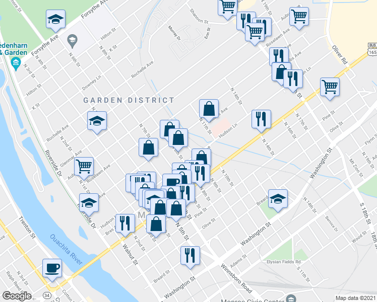 map of restaurants, bars, coffee shops, grocery stores, and more near 1011 North 9th Street in Monroe