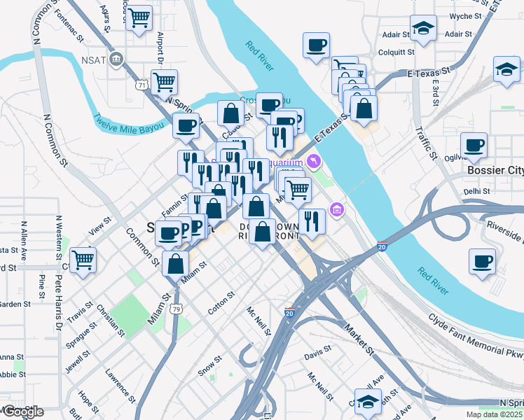 map of restaurants, bars, coffee shops, grocery stores, and more near 220 Milam Street in Shreveport