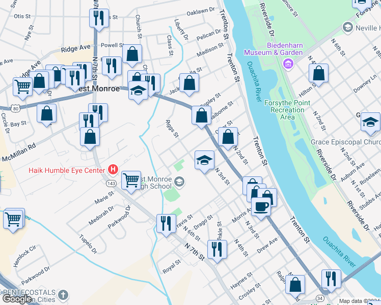 map of restaurants, bars, coffee shops, grocery stores, and more near 407 Cryer Street in West Monroe