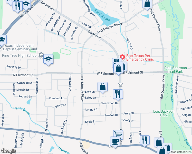 map of restaurants, bars, coffee shops, grocery stores, and more near 1448 West Fairmont Street in Longview