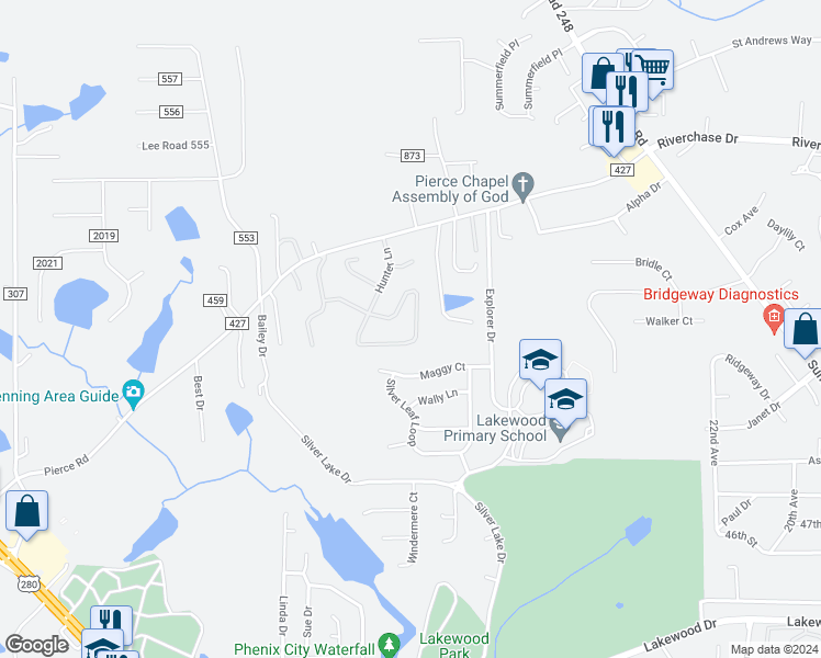 map of restaurants, bars, coffee shops, grocery stores, and more near 3105 Thornberry Circle in Phenix City