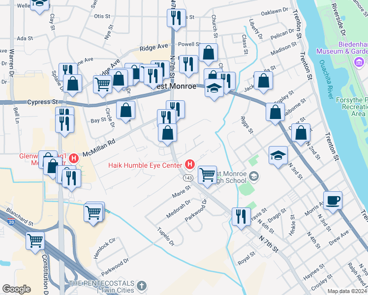 map of restaurants, bars, coffee shops, grocery stores, and more near 101 Pine Terrace Drive in West Monroe