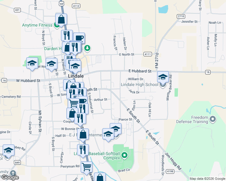 map of restaurants, bars, coffee shops, grocery stores, and more near 500 East South Street in Lindale