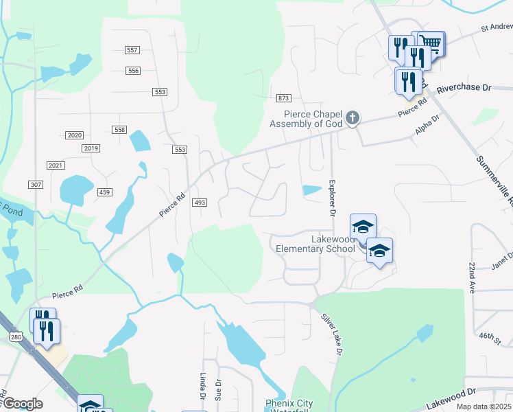 map of restaurants, bars, coffee shops, grocery stores, and more near 5004 Hunter Lane in Phenix City