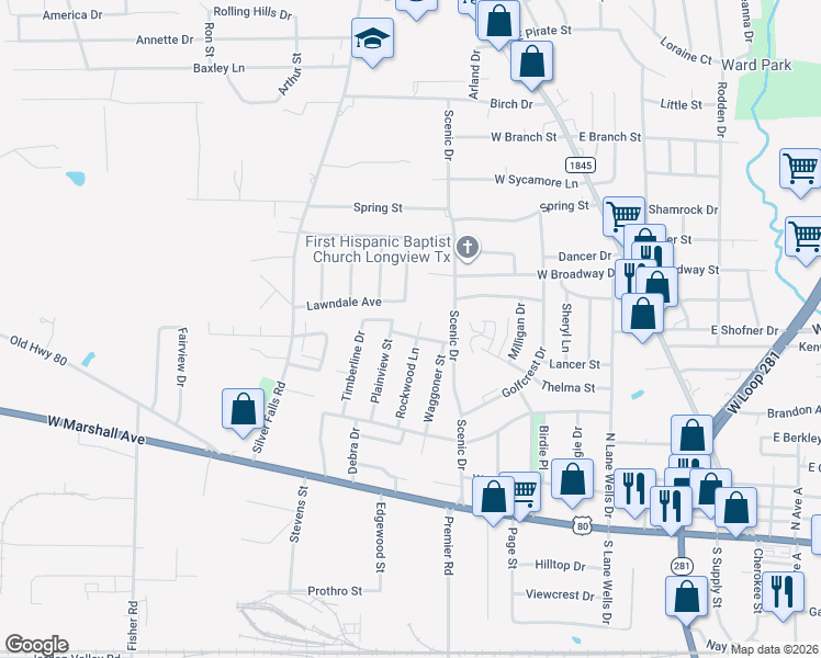 map of restaurants, bars, coffee shops, grocery stores, and more near 1101 Thelma Street in Longview