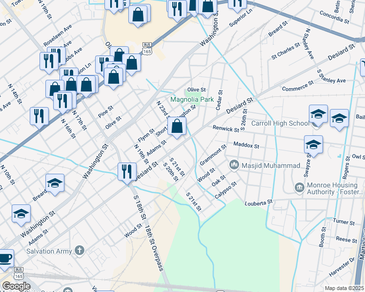 map of restaurants, bars, coffee shops, grocery stores, and more near 2205 Desiard St in Monroe