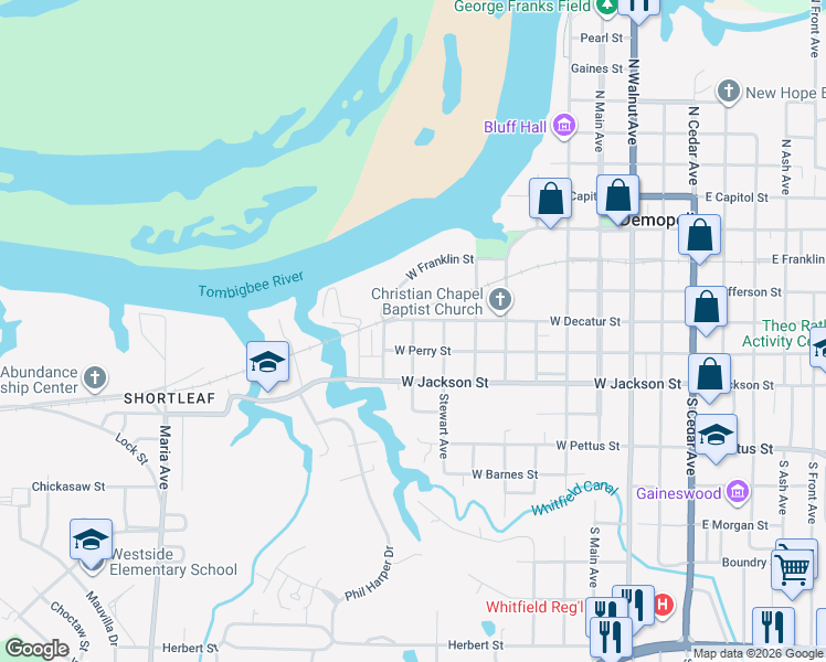 map of restaurants, bars, coffee shops, grocery stores, and more near 301 Earl Avenue in Demopolis