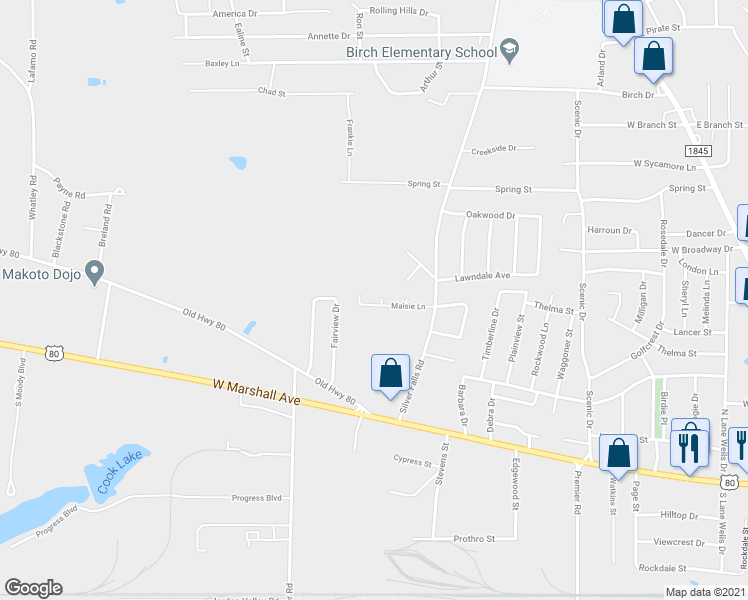 map of restaurants, bars, coffee shops, grocery stores, and more near 601 Tyra Court in Longview