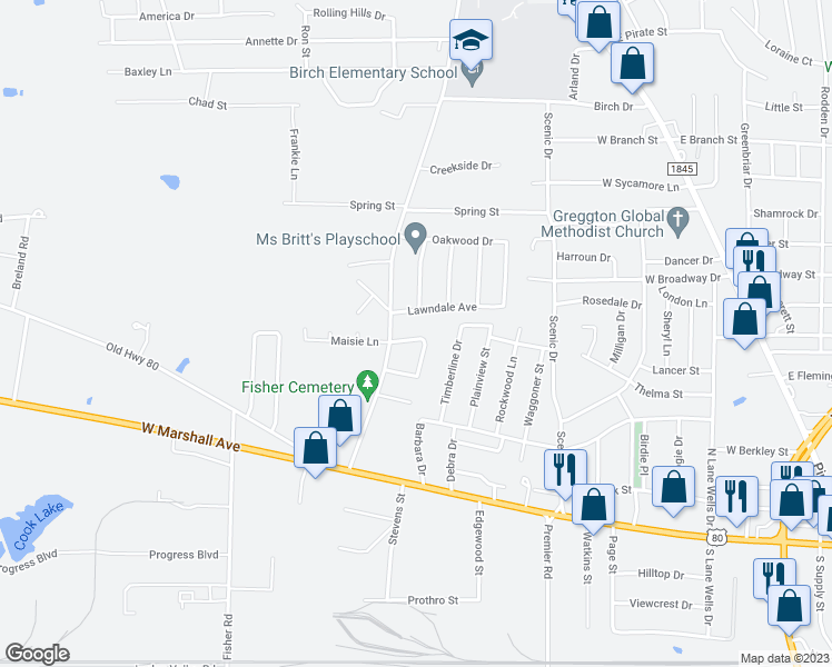 map of restaurants, bars, coffee shops, grocery stores, and more near 176-178 Jester Circle in Longview
