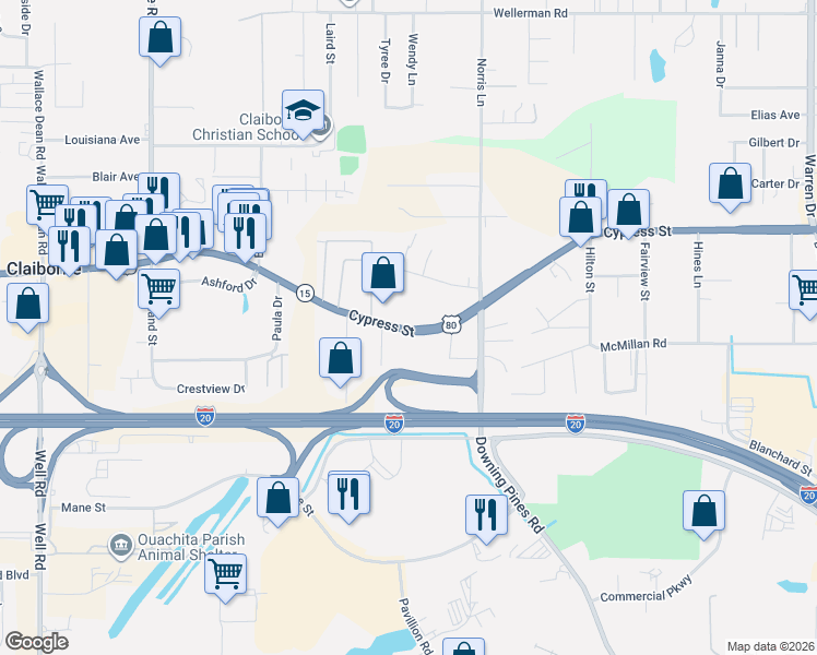 map of restaurants, bars, coffee shops, grocery stores, and more near 4624 Cypress Street in West Monroe