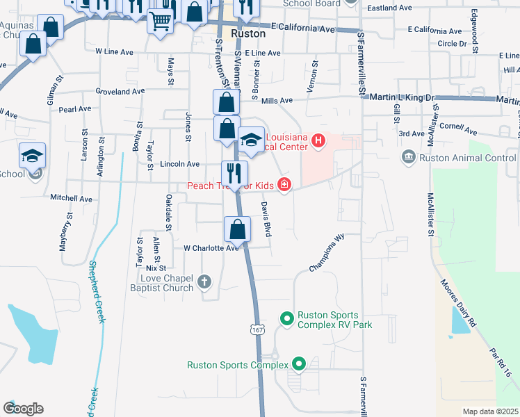 map of restaurants, bars, coffee shops, grocery stores, and more near 1304 Davis Boulevard in Ruston
